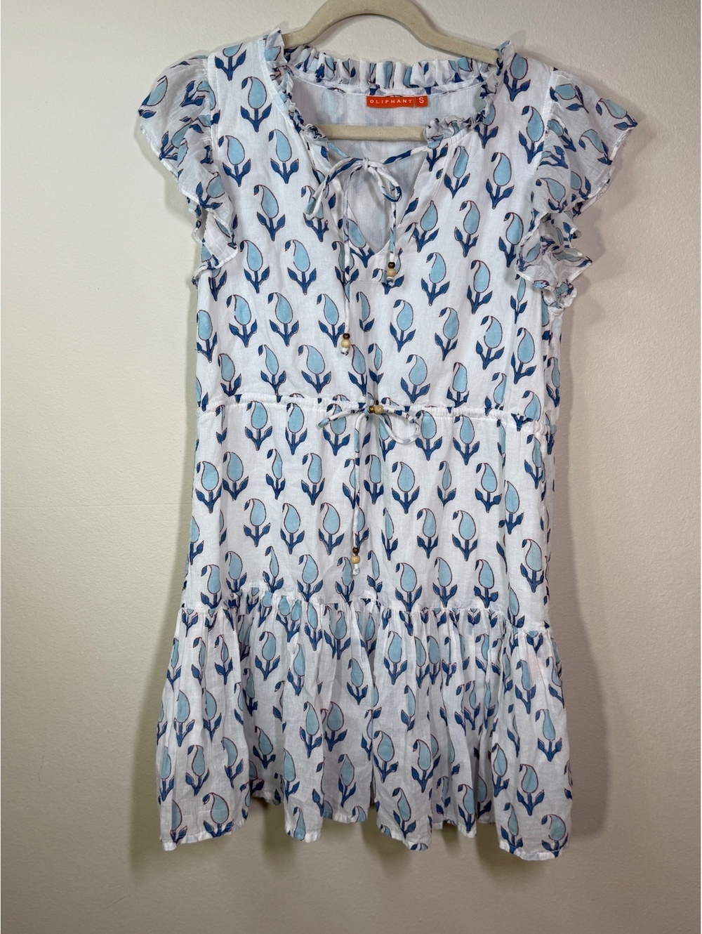 Oliphant Women's White Cotton Dress with Blue Floral Print, Size S